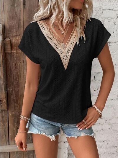 Load image into Gallery viewer, Eyelet V-Neck Short Sleeve T-Shirt
