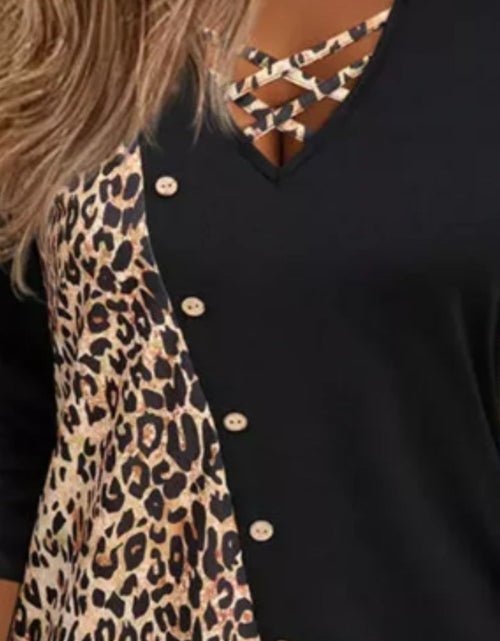 Load image into Gallery viewer, Crisscross Leopard V-Neck Long Sleeve T-Shirt
