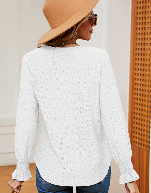 Load image into Gallery viewer, Eyelet V-Neck Flounce Sleeve T-Shirt

