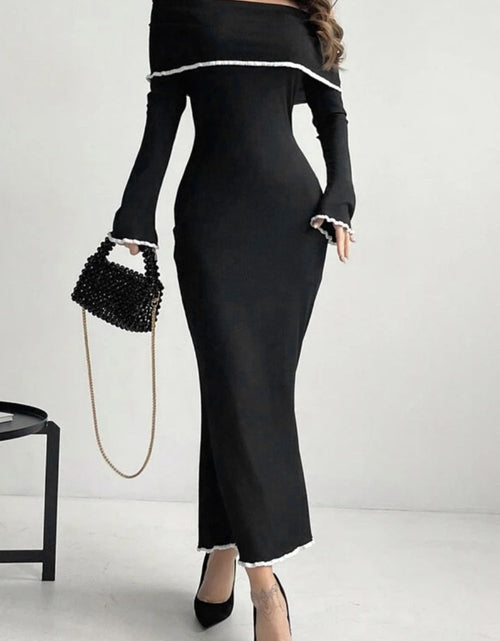 Load image into Gallery viewer, Contrast Trim Off-Shoulder Long Sleeve Maxi Sweater Dress
