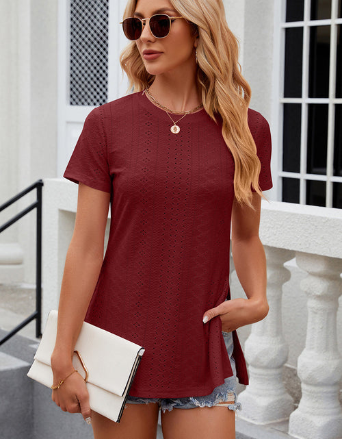 Load image into Gallery viewer, Eyelet Slit Round Neck Short Sleeve T-Shirt
