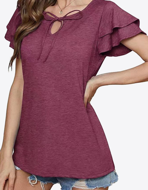 Load image into Gallery viewer, Tie-Neck Layered Flutter Sleeve Blouse
