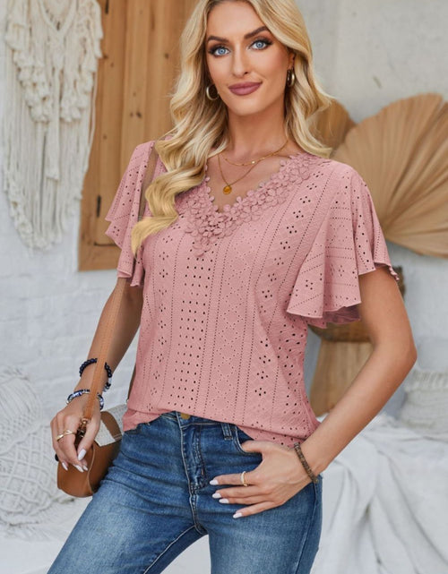 Load image into Gallery viewer, Eyelet Applique V-Neck Cap Sleeve T-Shirt
