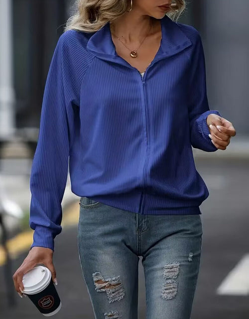 Load image into Gallery viewer, Zip Up Collared Neck Raglan Sleeve Jacket
