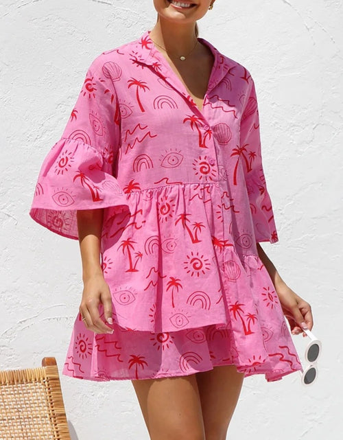 Load image into Gallery viewer, Button Detail Ruffled Hem Printed Mini Dress
