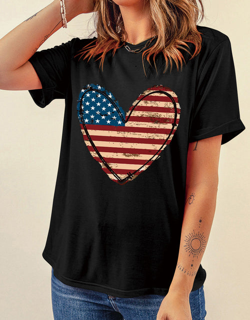 Load image into Gallery viewer, Stars and Stripes Heart Round Neck Short Sleeve T-Shirt

