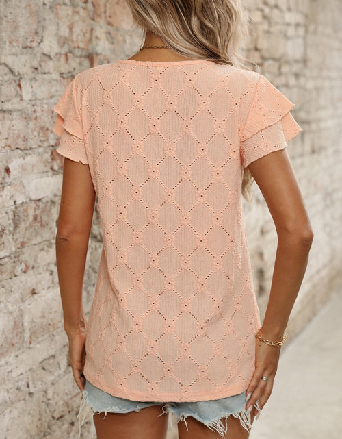 Load image into Gallery viewer, Eyelet Round Neck Double Layered Ruffled Short Sleeve Top
