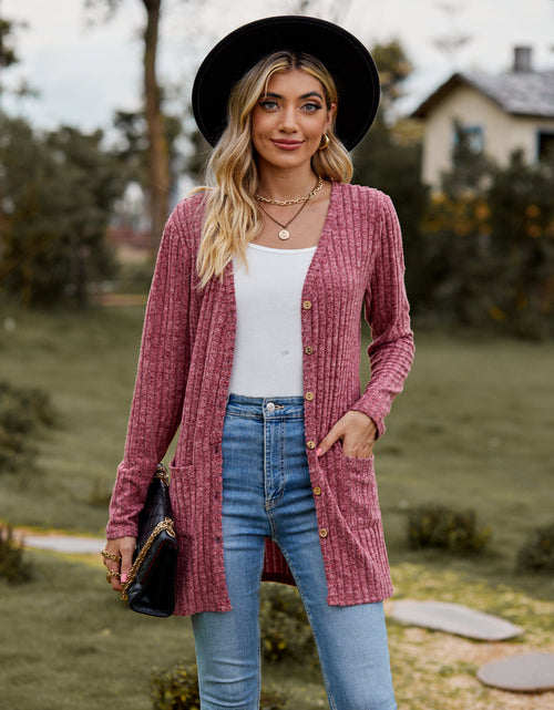 Load image into Gallery viewer, Ribbed Button-Up Cardigan with Pockets
