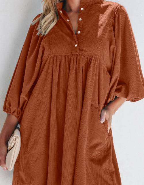 Load image into Gallery viewer, Corduroy Quarter Snap Three-Quarter Sleeve Dress
