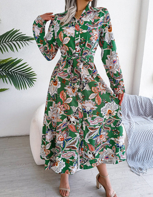 Load image into Gallery viewer, Tied Printed Long Sleeve Midi Dress
