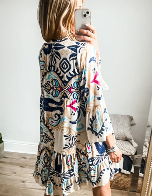 Load image into Gallery viewer, Printed Notched Three-Quarter Sleeve Mini Dress
