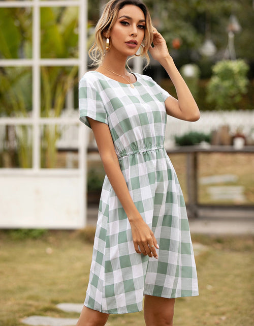 Load image into Gallery viewer, Ivy Lane Smocked Plaid Round Neck Short Sleeve Dress

