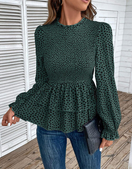 Load image into Gallery viewer, Printed Round Neck Smocked Flounce Sleeve T-Shirt

