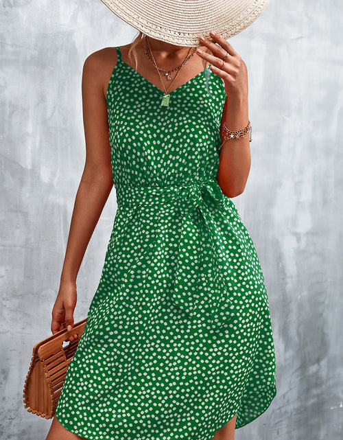 Load image into Gallery viewer, Printed V-Neck Tie Waist Mini Dress
