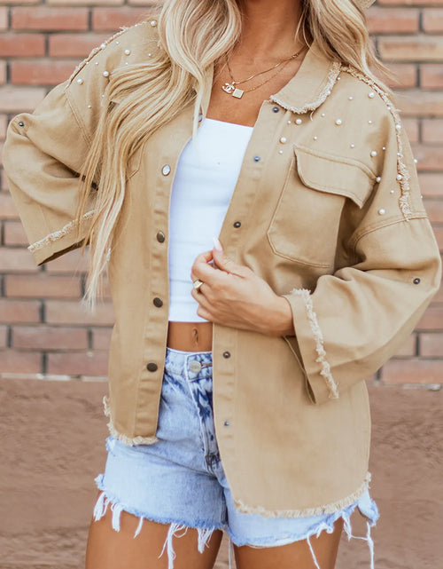 Load image into Gallery viewer, Raw Hem Pearl Trim Dropped Shoulder Denim Jacket
