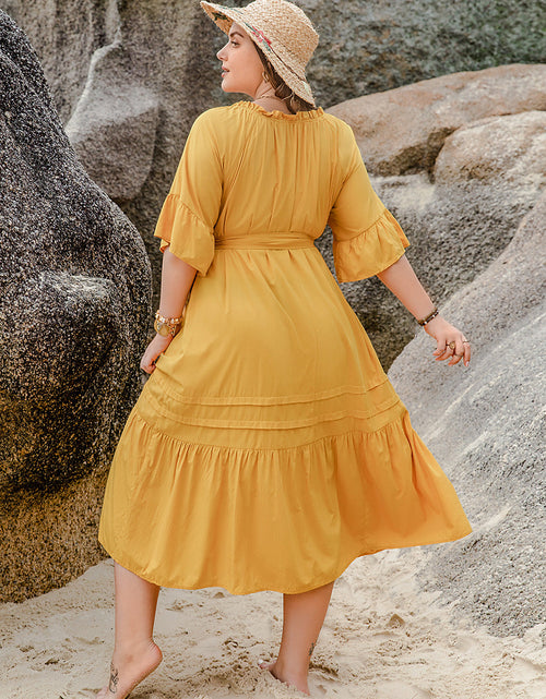 Load image into Gallery viewer, Plus Size Notched Tie Waist Half Sleeve Midi Dress
