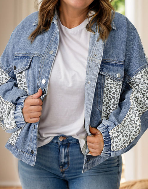 Load image into Gallery viewer, Plus Size Leopard Long Sleeve Denim Jacket
