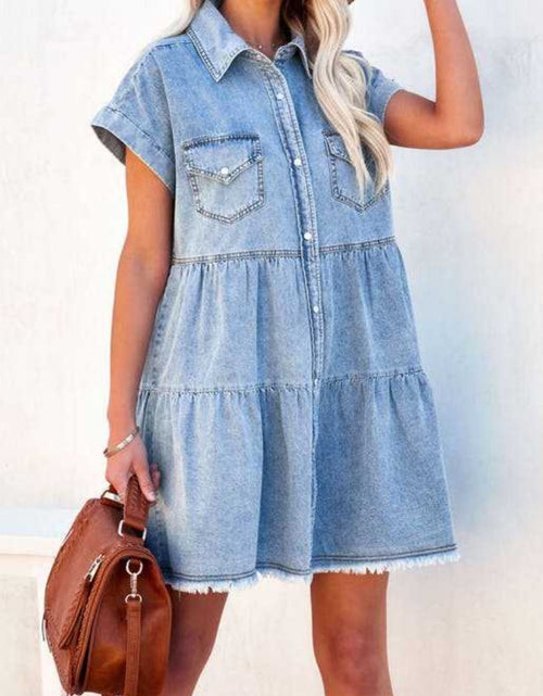 Load image into Gallery viewer, Raw Hem Short Sleeve Denim Dress
