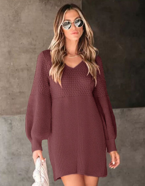 Load image into Gallery viewer, Perfee V-Neck Long Sleeve Sweater Dress
