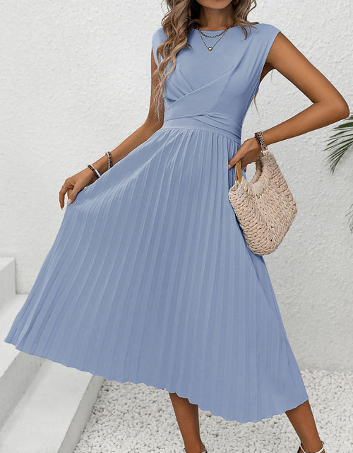 Load image into Gallery viewer, Perfee Pleated Round Neck Cap Sleeve Dress
