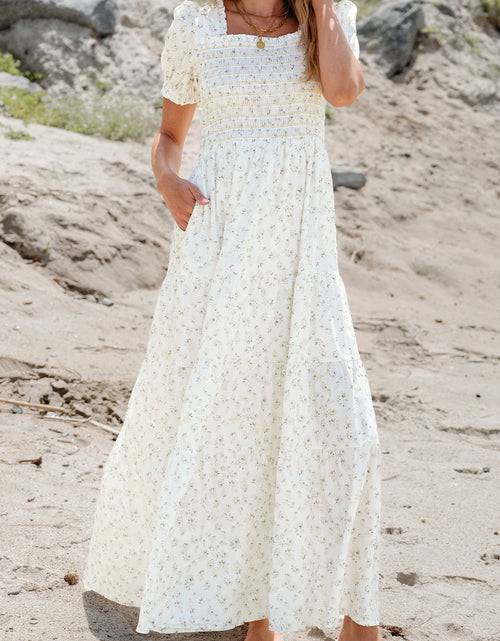 Load image into Gallery viewer, Robin Frilly Shirred Bodice Tiered Floral Maxi Dress by Threaded Pear
