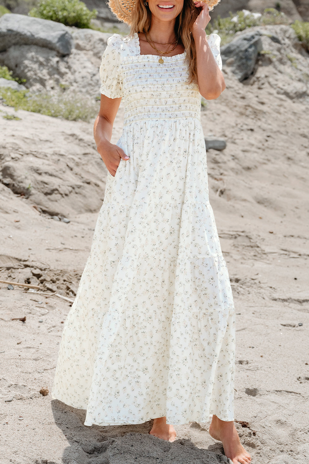 Robin Frilly Shirred Bodice Tiered Floral Maxi Dress by Threaded Pear