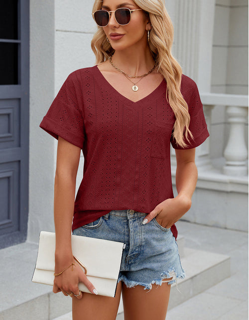 Load image into Gallery viewer, Eyelet V-Neck Short Sleeve T-Shirt

