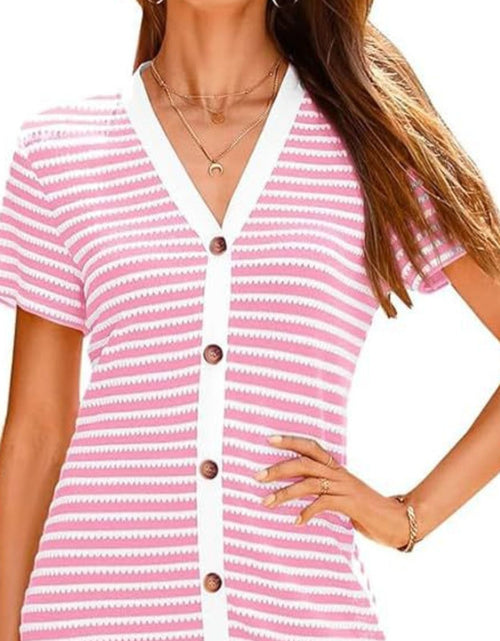 Load image into Gallery viewer, Contrast Striped V-Neck Short Sleeve Midi Dress
