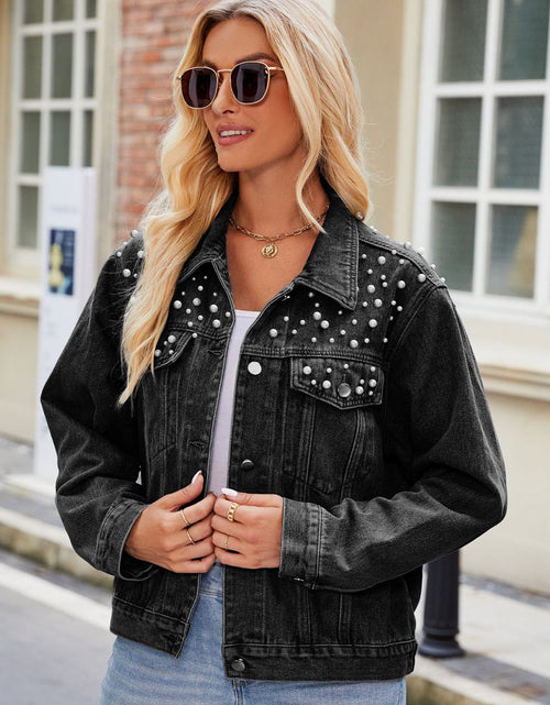 Load image into Gallery viewer, Pearl Detail Collared Neck Long Sleeve Denim Jacket
