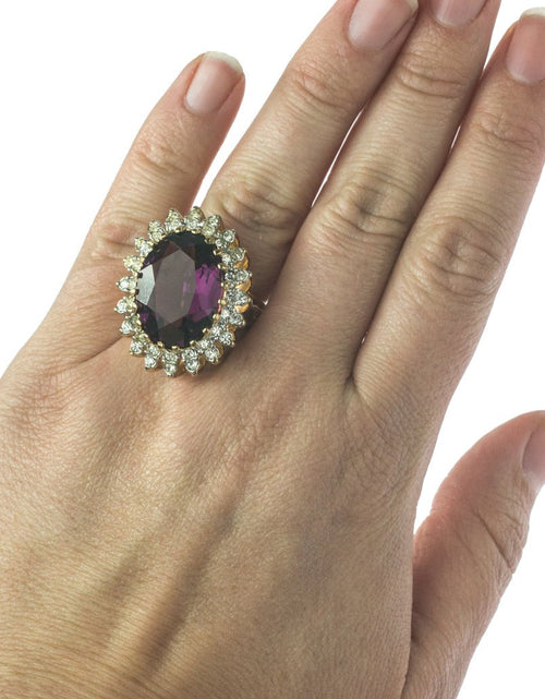 Load image into Gallery viewer, Vintage Amethyst and Clear Austrian Crystal Cocktail Ring 18k Yellow Gold Electroplated Made in USA by PVD Vintage Jewelry
