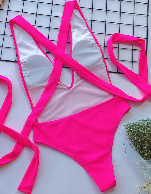Load image into Gallery viewer, Halter Neck Deep V Tied One-Piece Swimsuit
