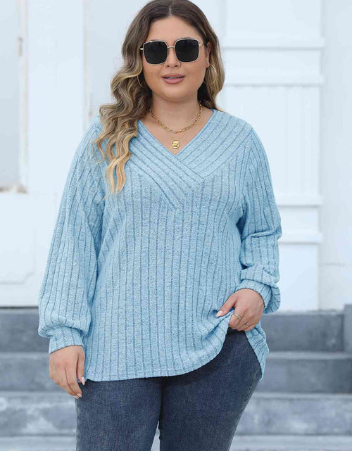 Load image into Gallery viewer, Plus Size Ribbed V-Neck Long Sleeve Top
