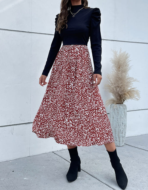 Load image into Gallery viewer, Perfee Printed Mock Neck Puff Sleeve Midi Dress
