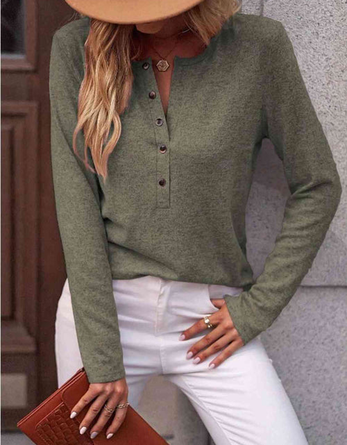 Load image into Gallery viewer, Round Neck Buttoned Long Sleeve T-Shirt
