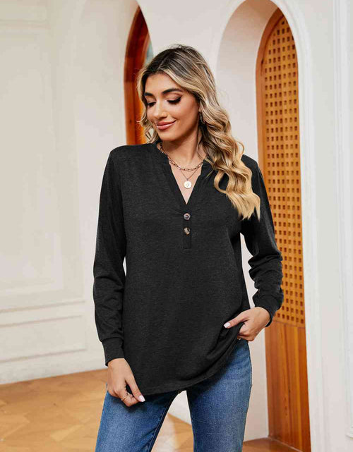Load image into Gallery viewer, Buttoned Notched Neck Long Sleeve Top
