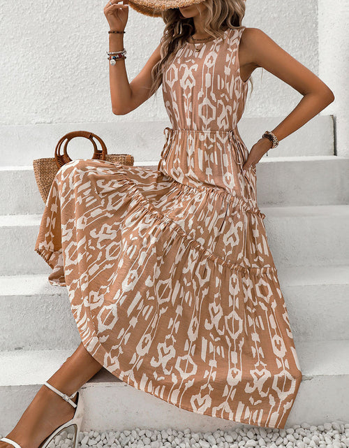 Load image into Gallery viewer, Perfee Frill Cutout Printed Round Neck Sleeveless Dress
