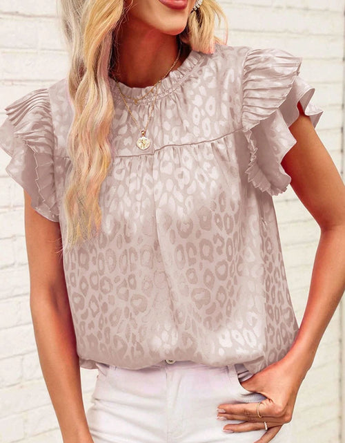 Load image into Gallery viewer, Leopard Frill Mock Neck Ruffled Cap Sleeve Top
