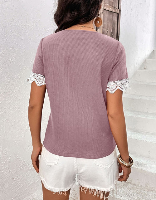 Load image into Gallery viewer, Ivy Lane Decorative Button Spliced Lace Short Sleeve Top
