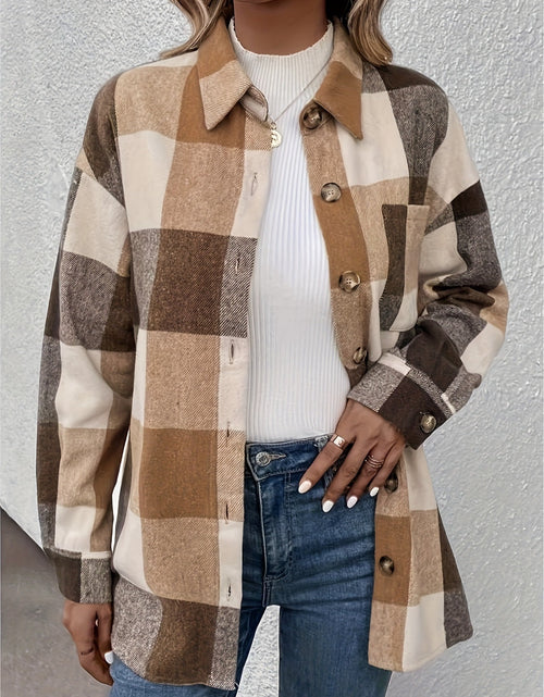 Load image into Gallery viewer, Curved Hem Plaid Collared Neck Shacket
