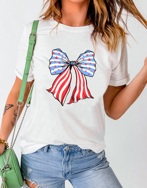 Load image into Gallery viewer, Bow Graphic Round Neck Short Sleeve T-Shirt
