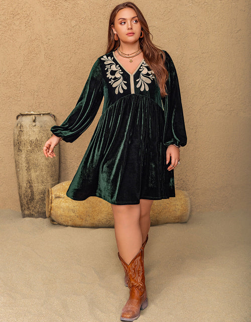 Load image into Gallery viewer, Plus Size Embroidered V-Neck Long Sleeve Dress
