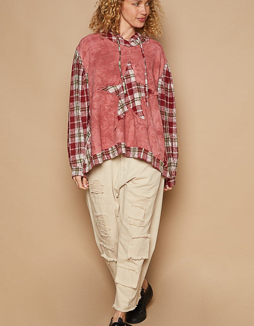 Load image into Gallery viewer, POL Star Patch Plaid Long Sleeve Hooded Top
