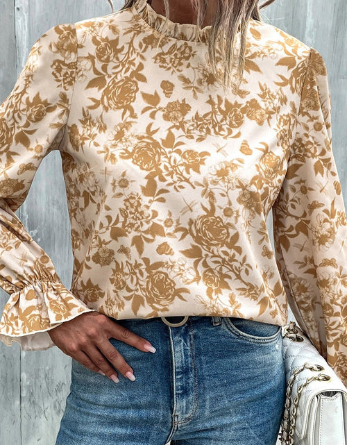 Load image into Gallery viewer, Floral Print Mock Neck Flounce Sleeve Blouse
