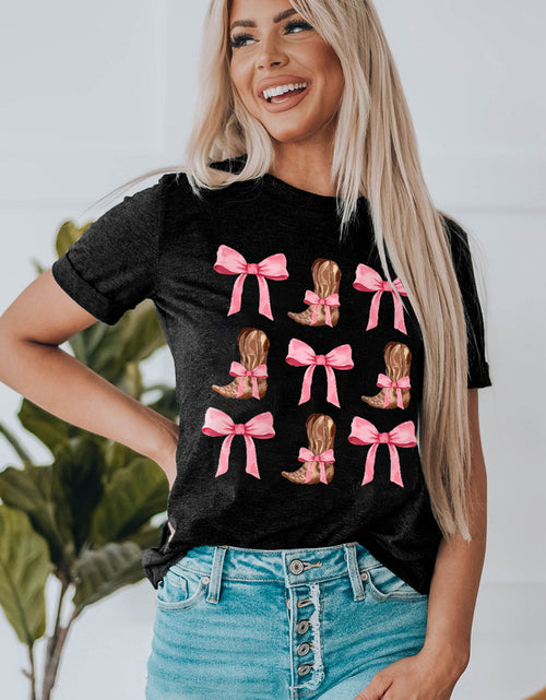 Load image into Gallery viewer, Bow &amp; Boot Graphic Round Neck Short Sleeve T-Shirt
