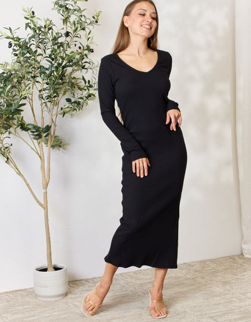 Load image into Gallery viewer, Culture Code Full Size Ribbed Long Sleeve Midi Slit Dress
