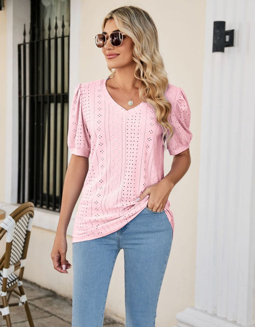 Load image into Gallery viewer, Eyelet Puff Sleeve V-Neck Top

