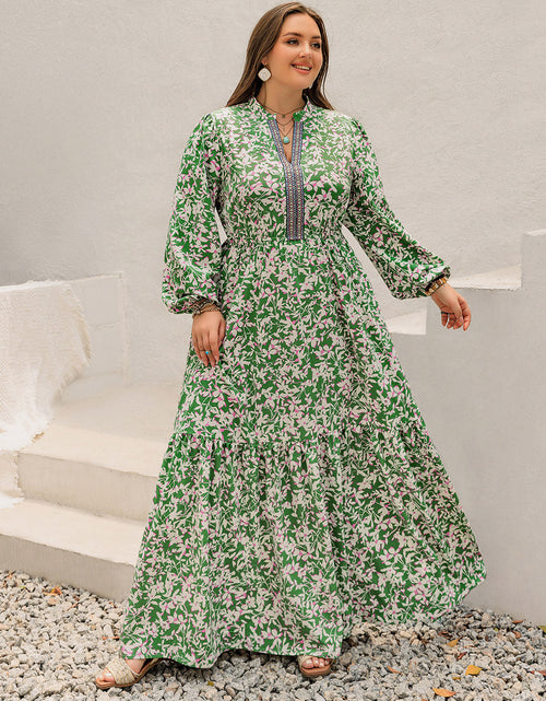 Load image into Gallery viewer, Plus Size Printed Notched Long Sleeve Maxi Dress
