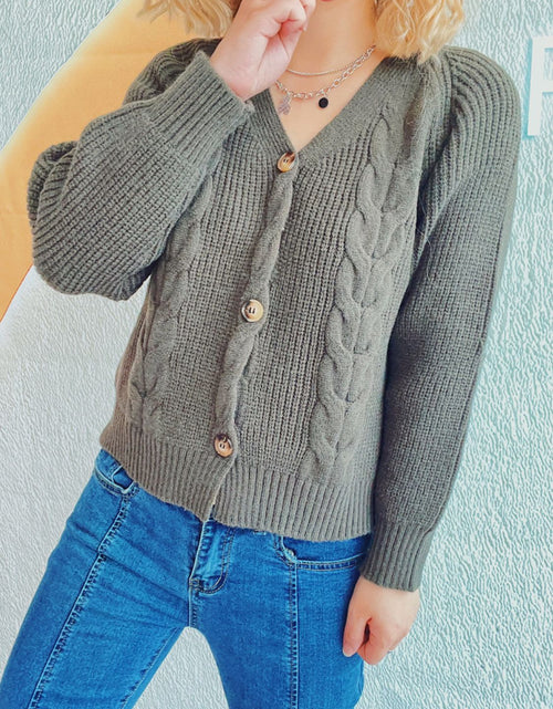 Load image into Gallery viewer, Cable-Knit V-Neck Button Down Long Sleeve Cardigan
