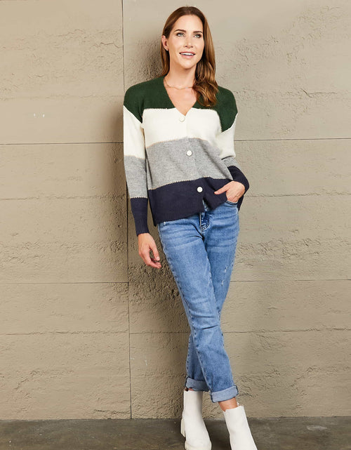Load image into Gallery viewer, Woven Right Color Block V-Neck Button Down Cardigan
