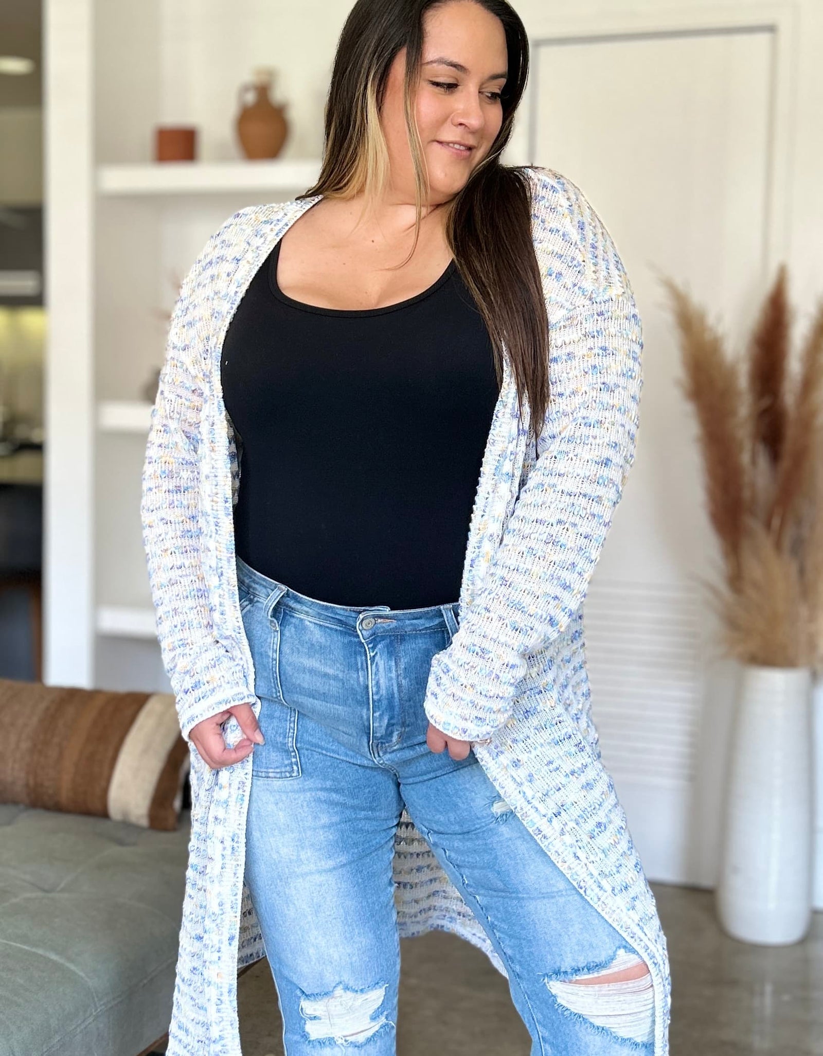 Double Take Full Size Open Front Longline Cardigan